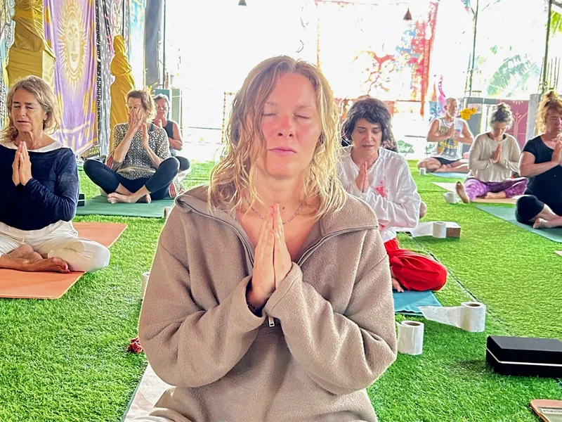 Beach yoga class at Agonda Beach — 200 hour yoga TTC South Goa Purnam Yogashala
