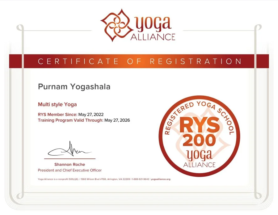 Yoga Alliance USA Certificate of Registration — Purnam Yogashala RYS 200 Registered Yoga School Goa India